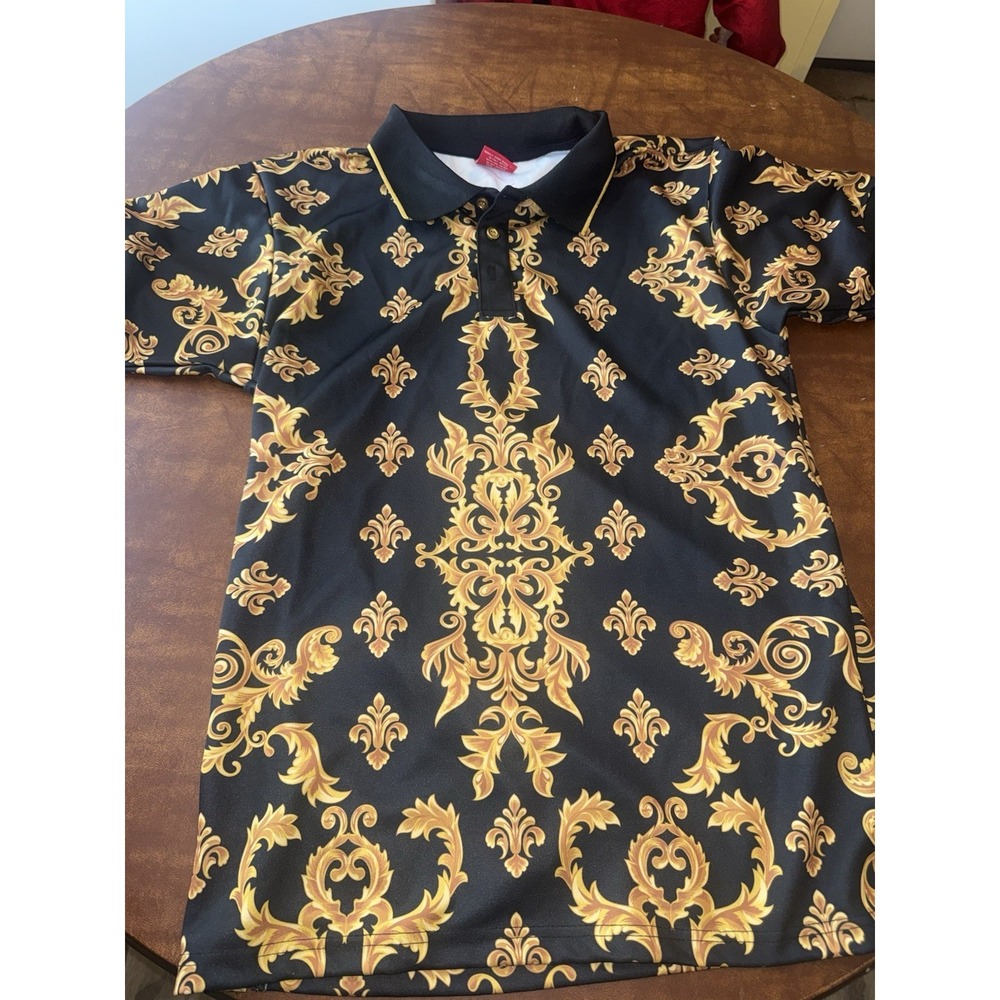 Victorious M Polo Shirt Black Gold Baroque Print Short Sleeve Men Lion